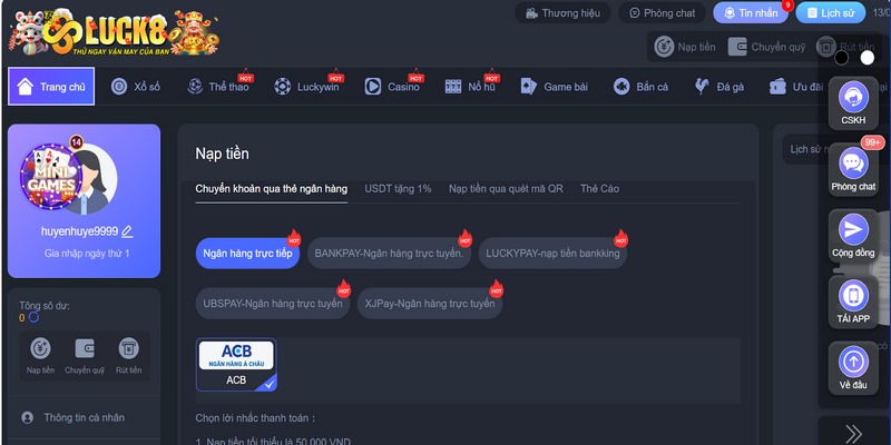 LUCK8 cũng cung cấp dịch vụ nạp rút tiền nhanh chóng cho hội viên